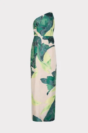 MILLY Guest Of Dresses-Asymetrical Tropical Forest Jacquard Midi Dress
