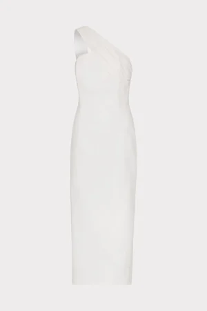 MILLY White Dresses-Draped One Shoulder Linen Dress
