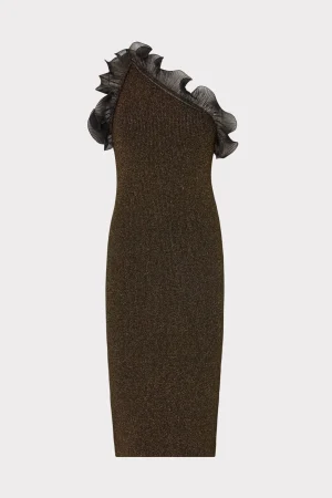 MILLY Knit Dresses-Metallic Scallop Ruffle One Shoulder Dress