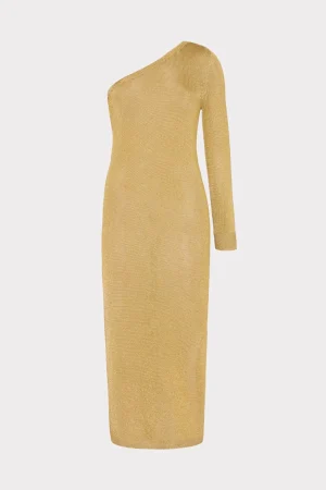 MILLY Knit Dresses-Senna Metallic One Shoulder Midi Dress